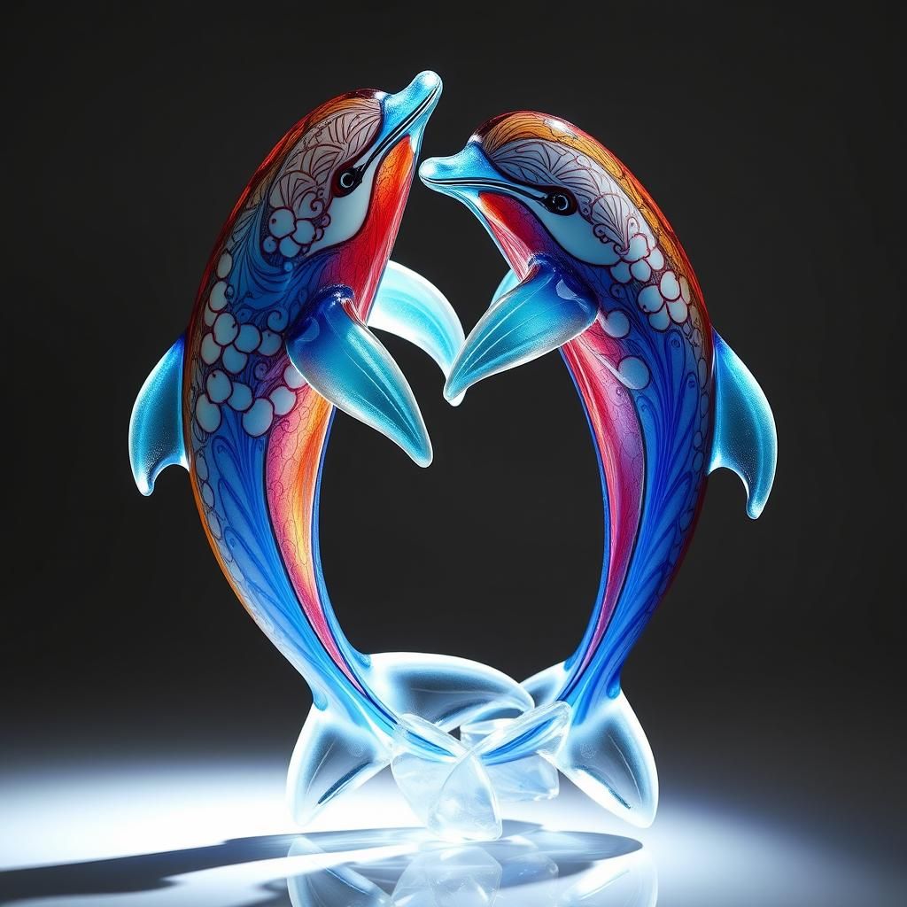 Enameled Glass Dolphins in Art Nouveau Style