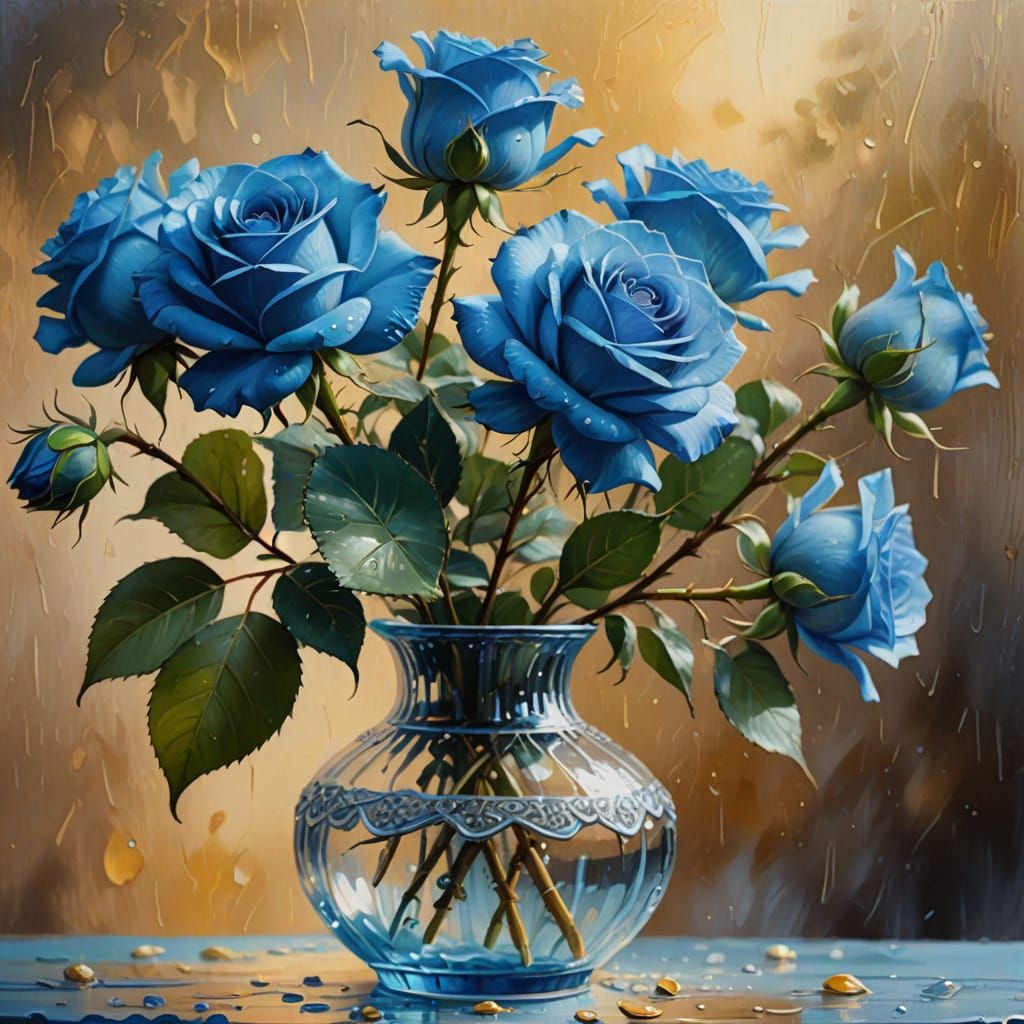 Vibrant Oil Painting of Blue Roses