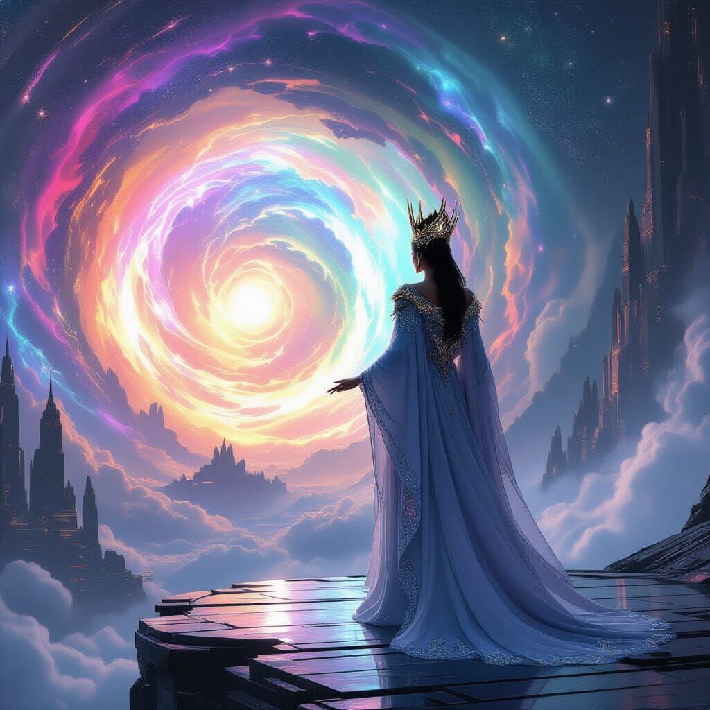 Ancient Empress Overlooking Energy Vortex in Digital Art