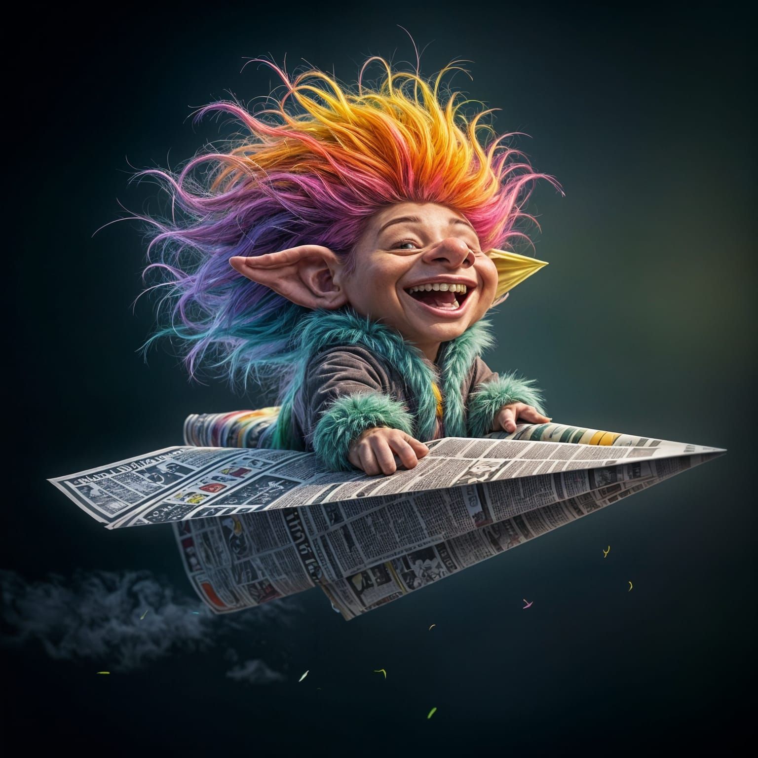 Joyful Troll Soars on a Rainbow Paper Airplane