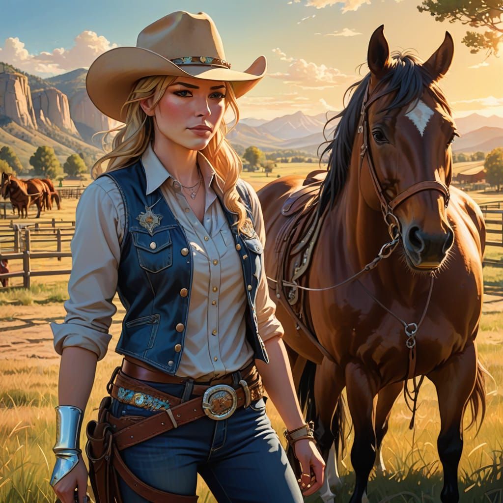 Anime Cowgirl with Lasso on Sunny Ranch