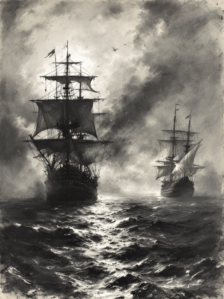 Moonlit Naval Battle in Charcoal Sketch Style