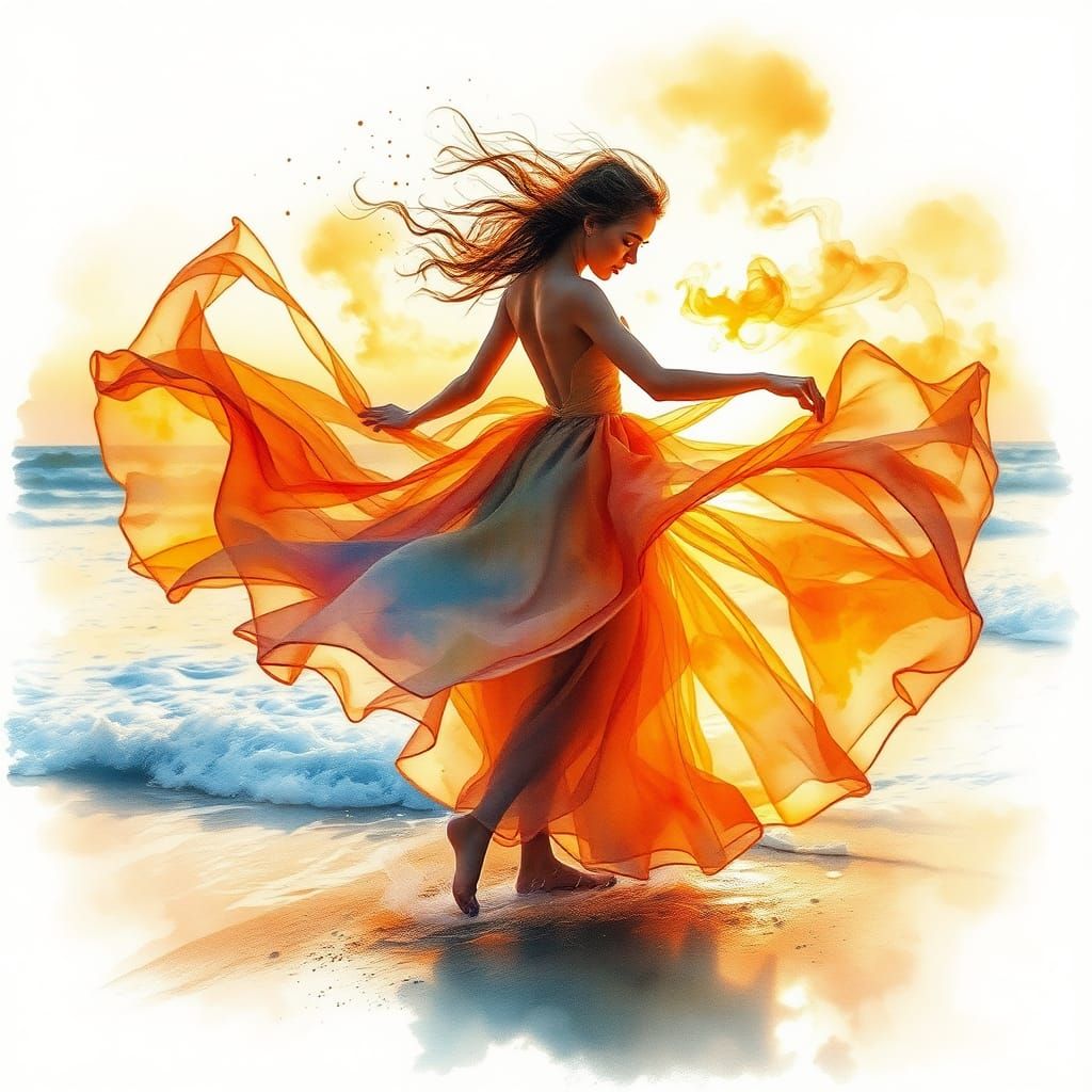 Dancing Woman in Sunrise Dress: Surreal Watercolor Art