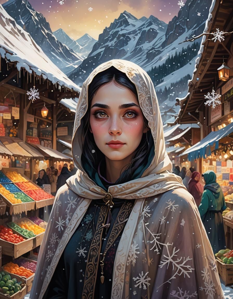 Gothic Woman in Mountain Market, Oil Painting
