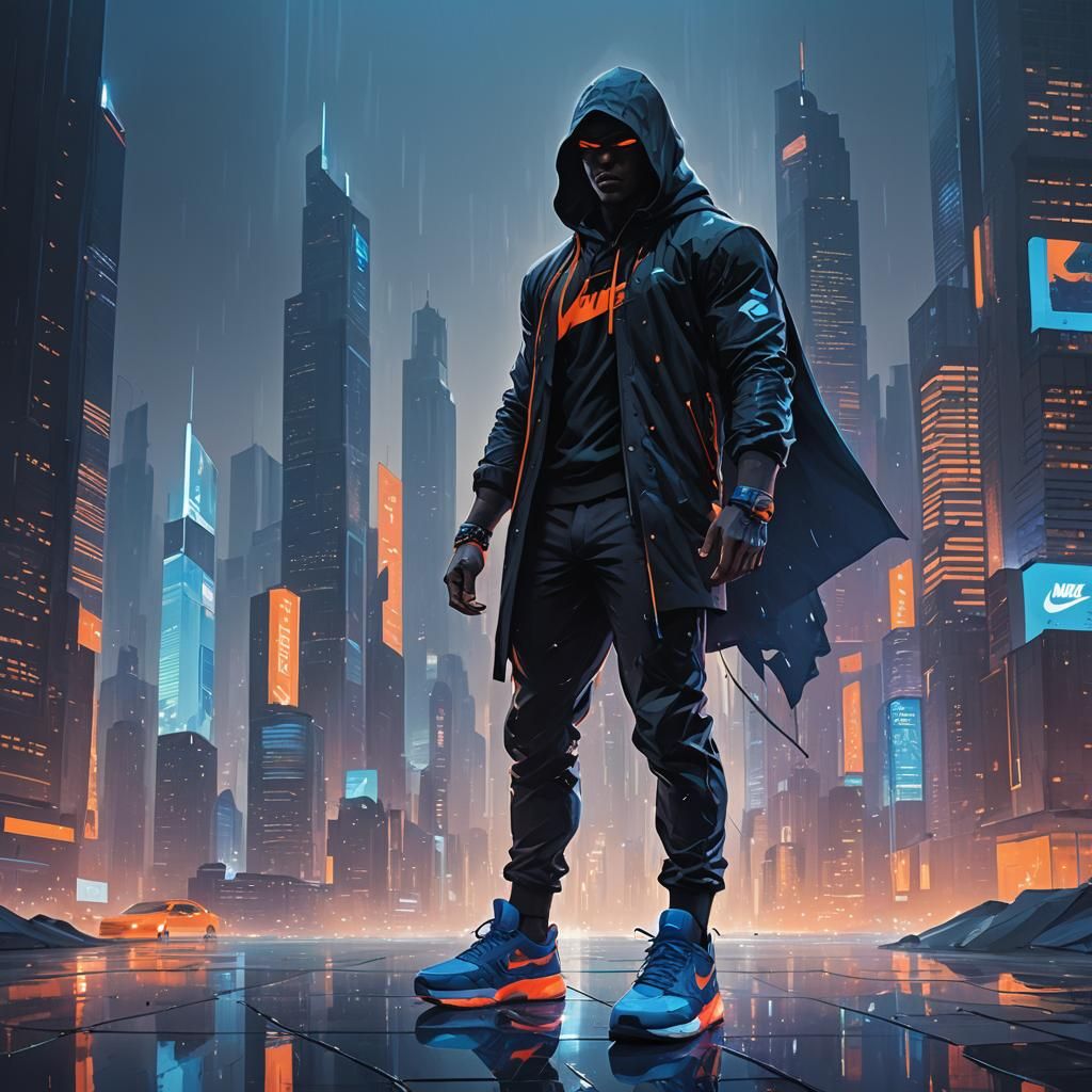 Figure in Jordans in a Futuristic Cityscape