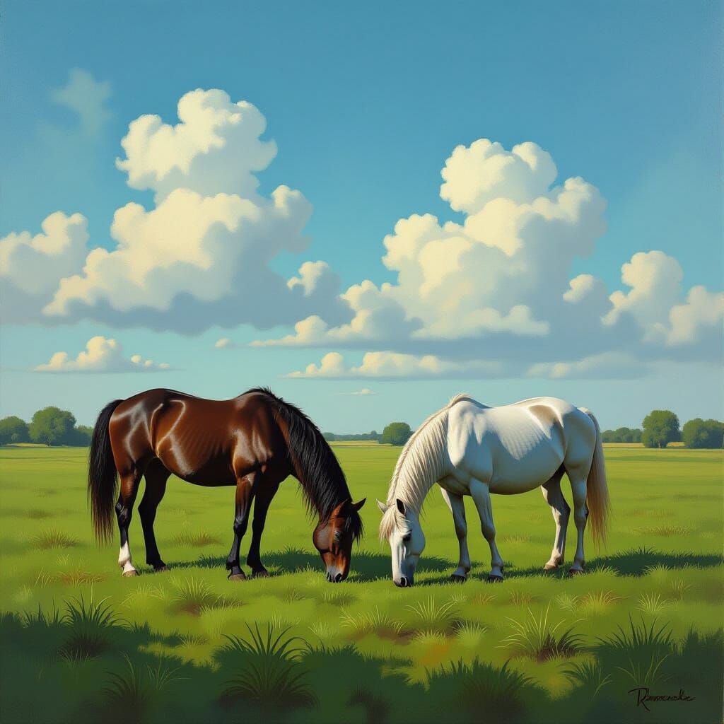 Horses Grazing in Lush Pasture Under Rembrandt-Inspired Ligh...