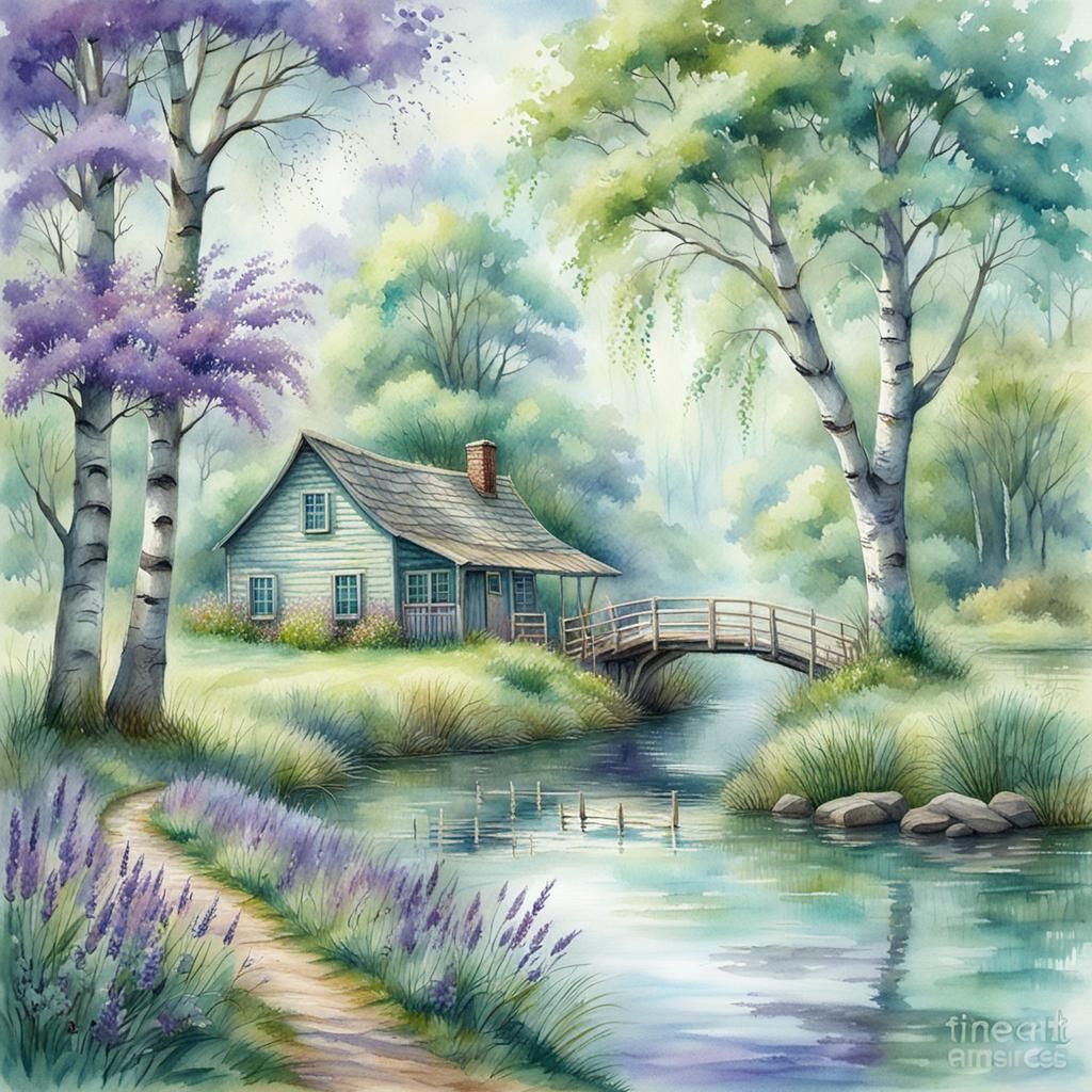 Birch Trees in Watercolor Landscape