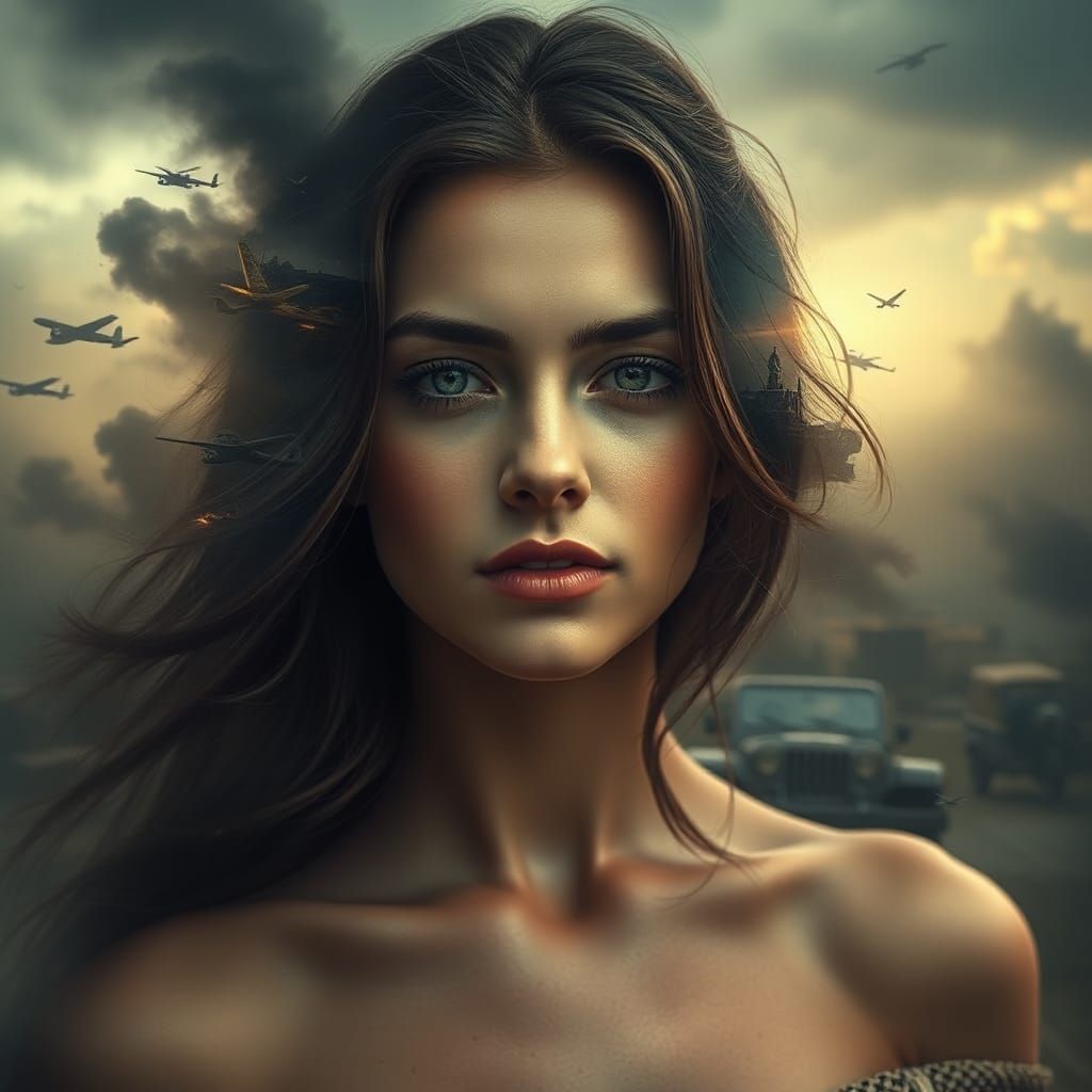 Serene Woman in War-Torn Landscape Portrait