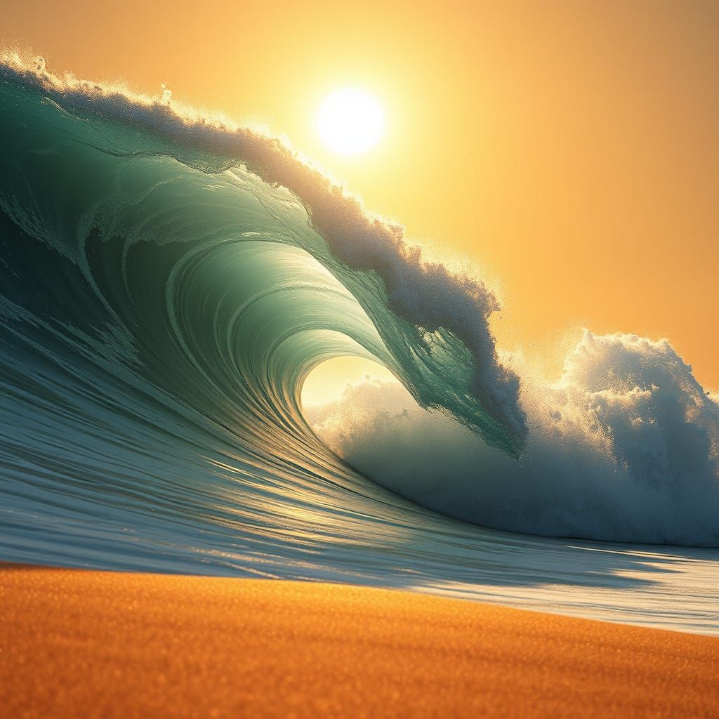 Massive Wave on Golden Sand in Photorealistic Style