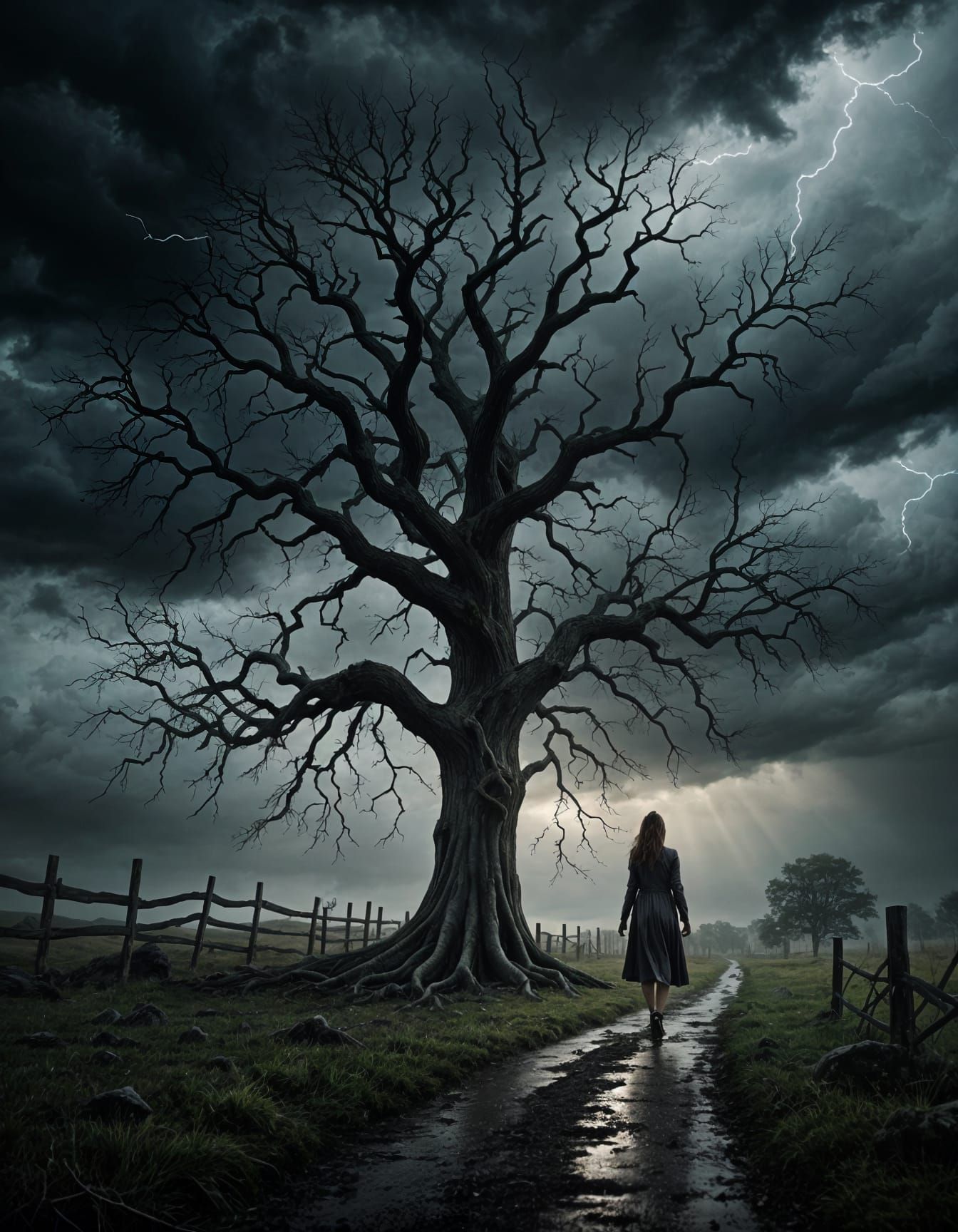 woman walking towards a spooky tree used for hangings. Make ...