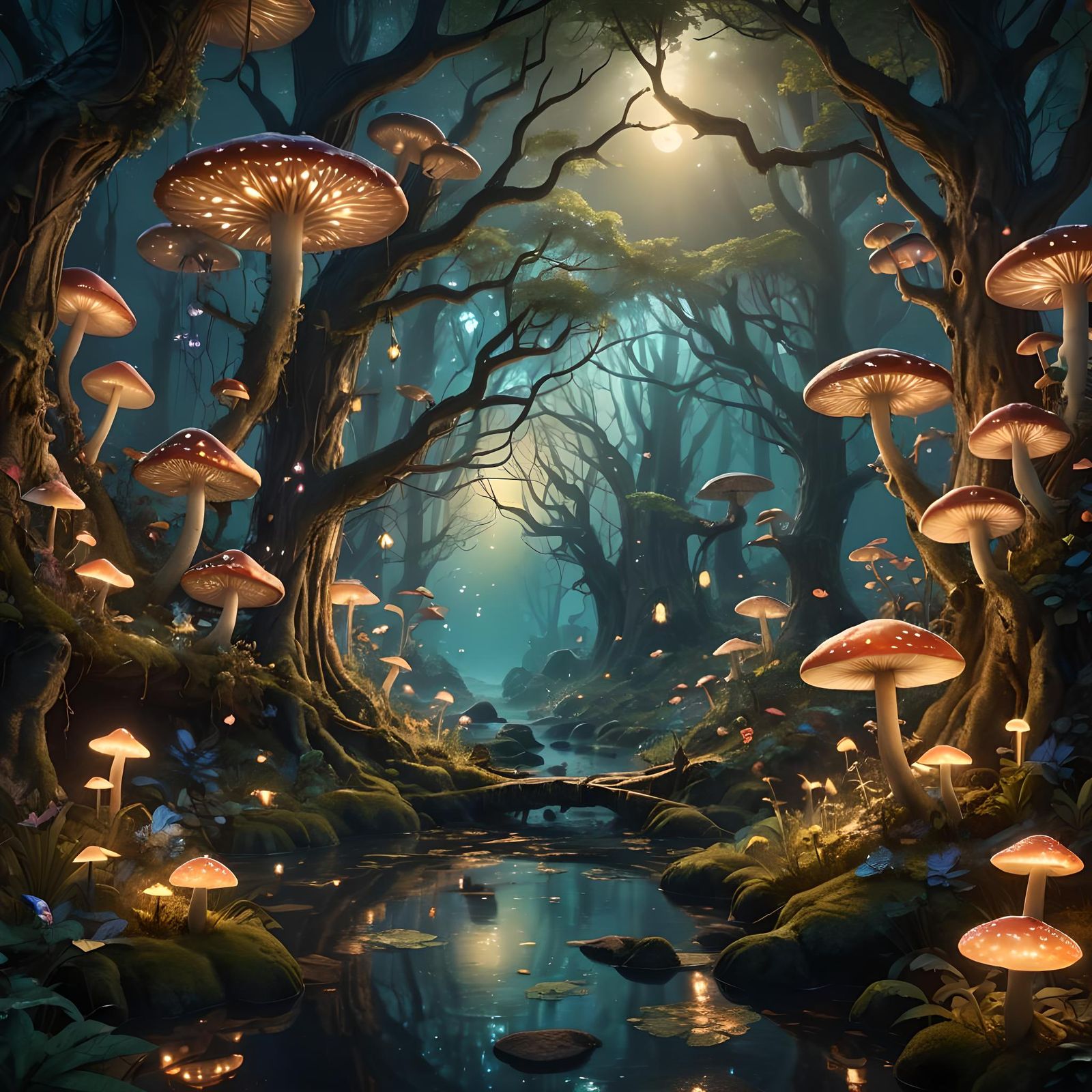 Enchanted Forest Scene with Bioluminescent Flora