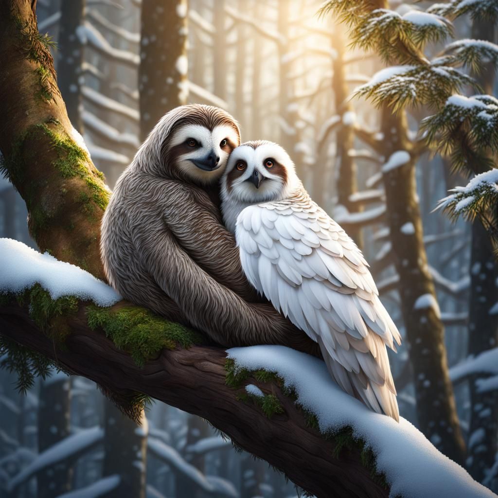 Sloth and Snow Owl Hugging in Photorealistic Style
