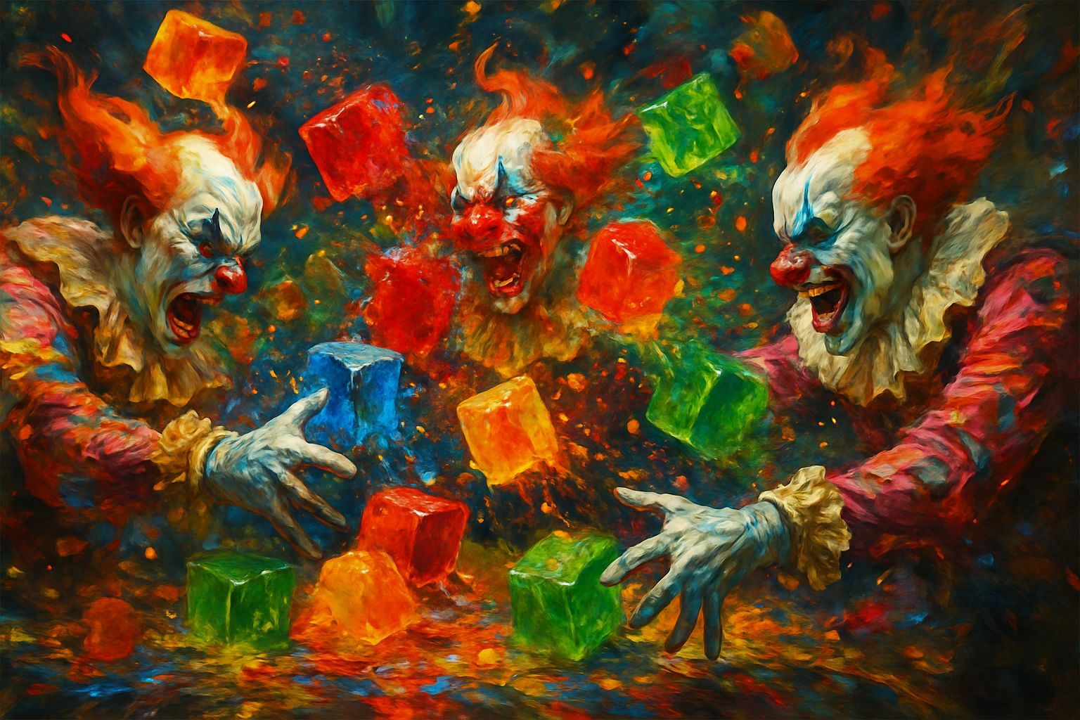 Chaotic Clowns Jello Fight in Surreal Abstract Style