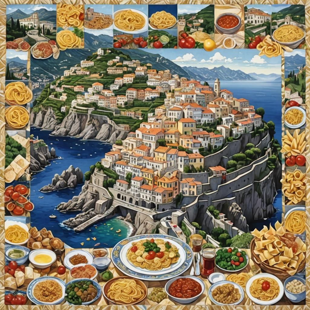 Amalfi Coast Landscape in Anime Quilt Art