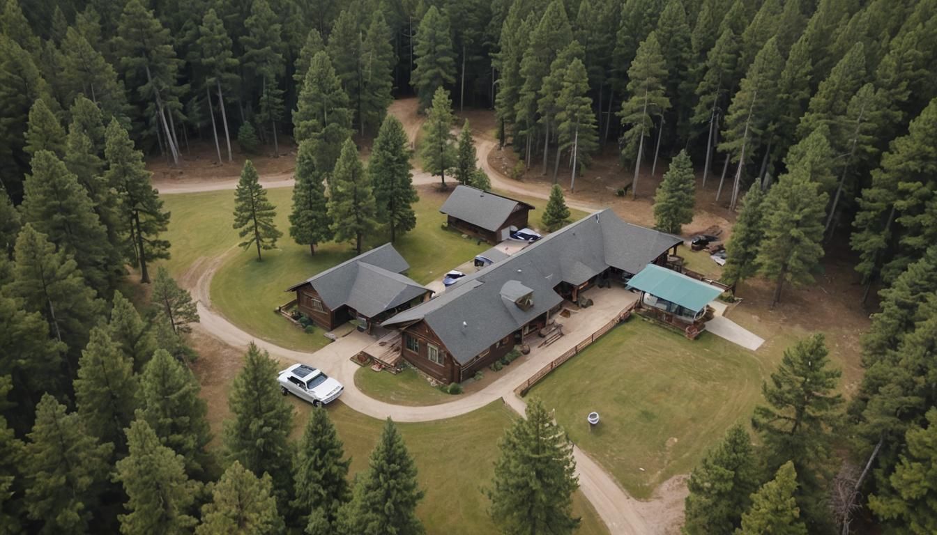 Aerial View of Ranch with Classic Cars