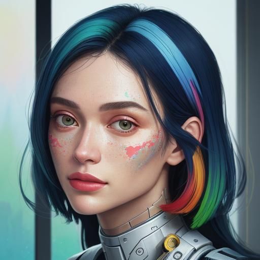 Robotic Girl Portrait as Impasto Gouache Painting