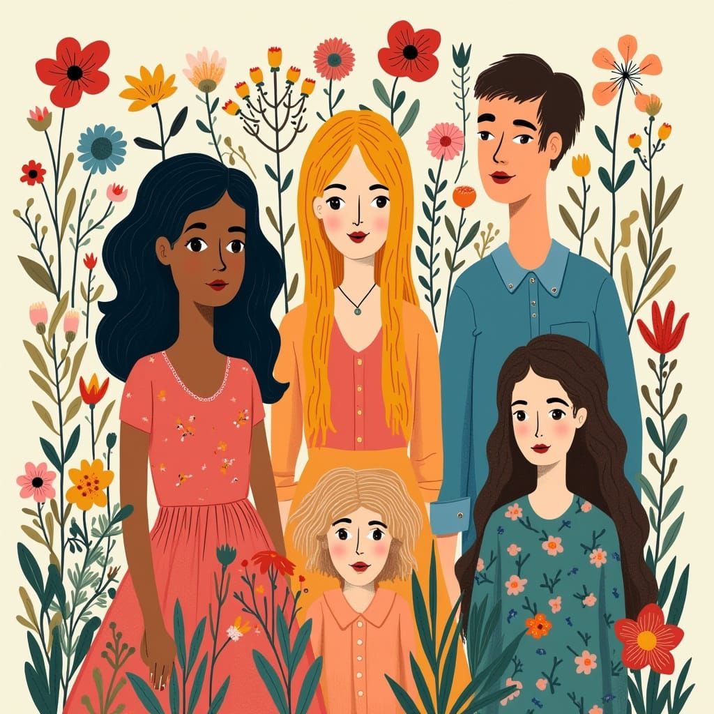 Smiling People Embrace in Floral Fantasy Art