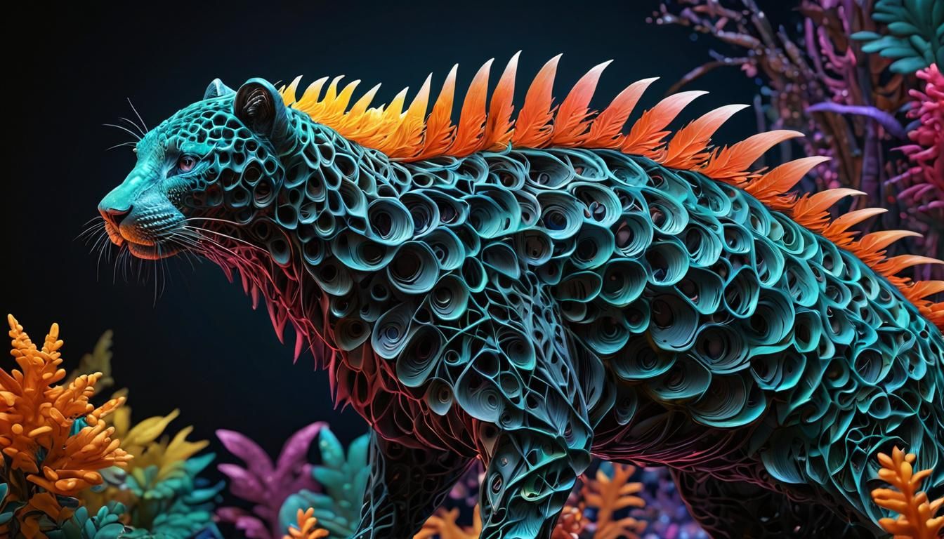 Stunning Animal Formed from 3D Mesh with Neon Colors