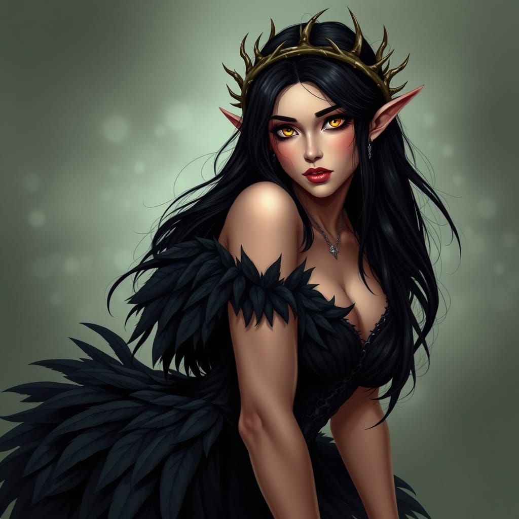 Alluring Elf Witch in Raven Feather Dress