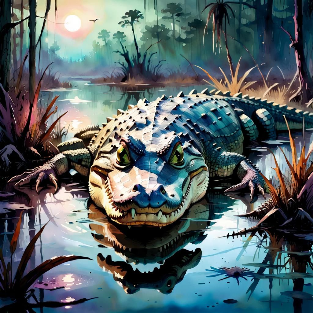 Alligator in Swamp: Digital Watercolor Illustration