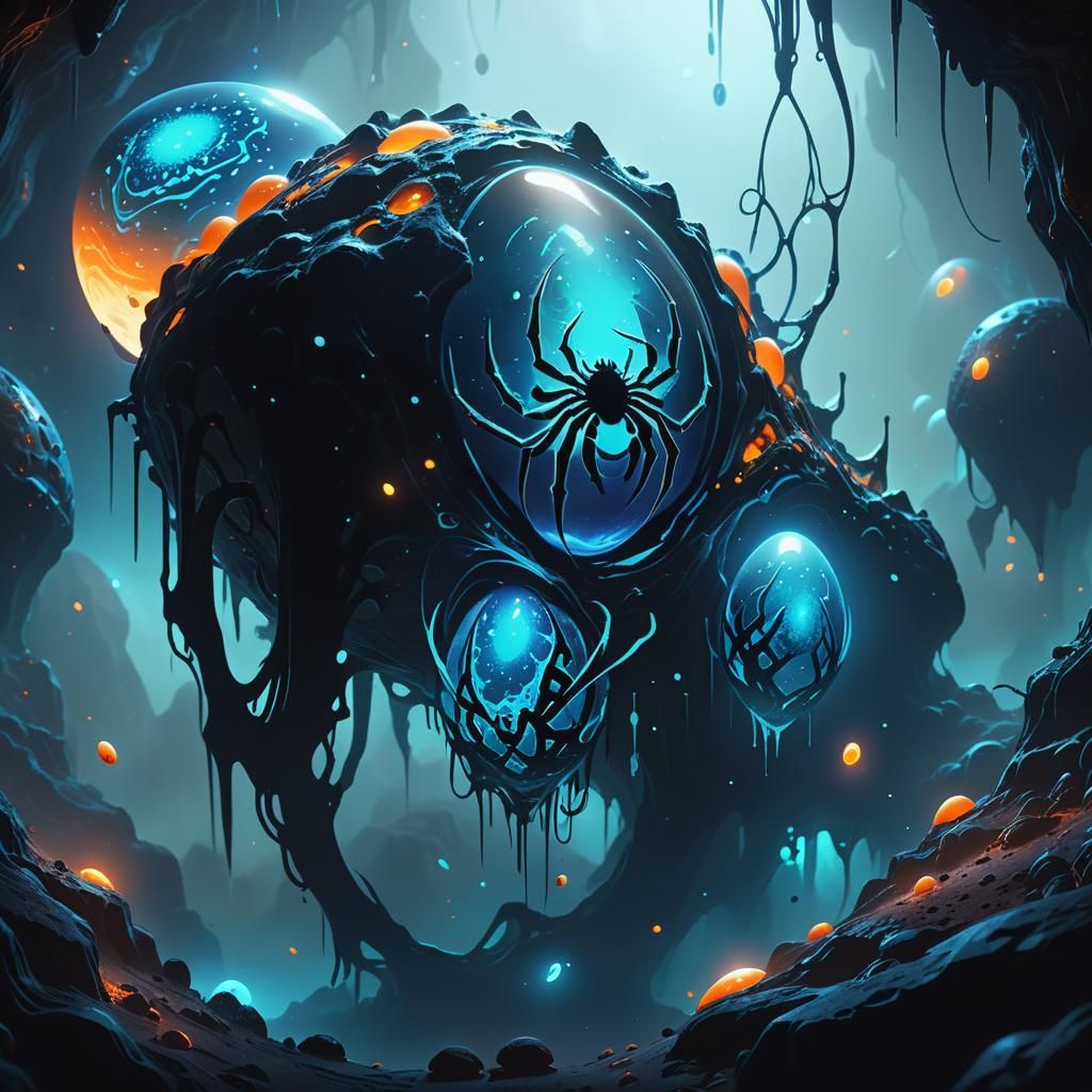 Bioluminescent Alien Spider Eggs in Deep Space Cavern