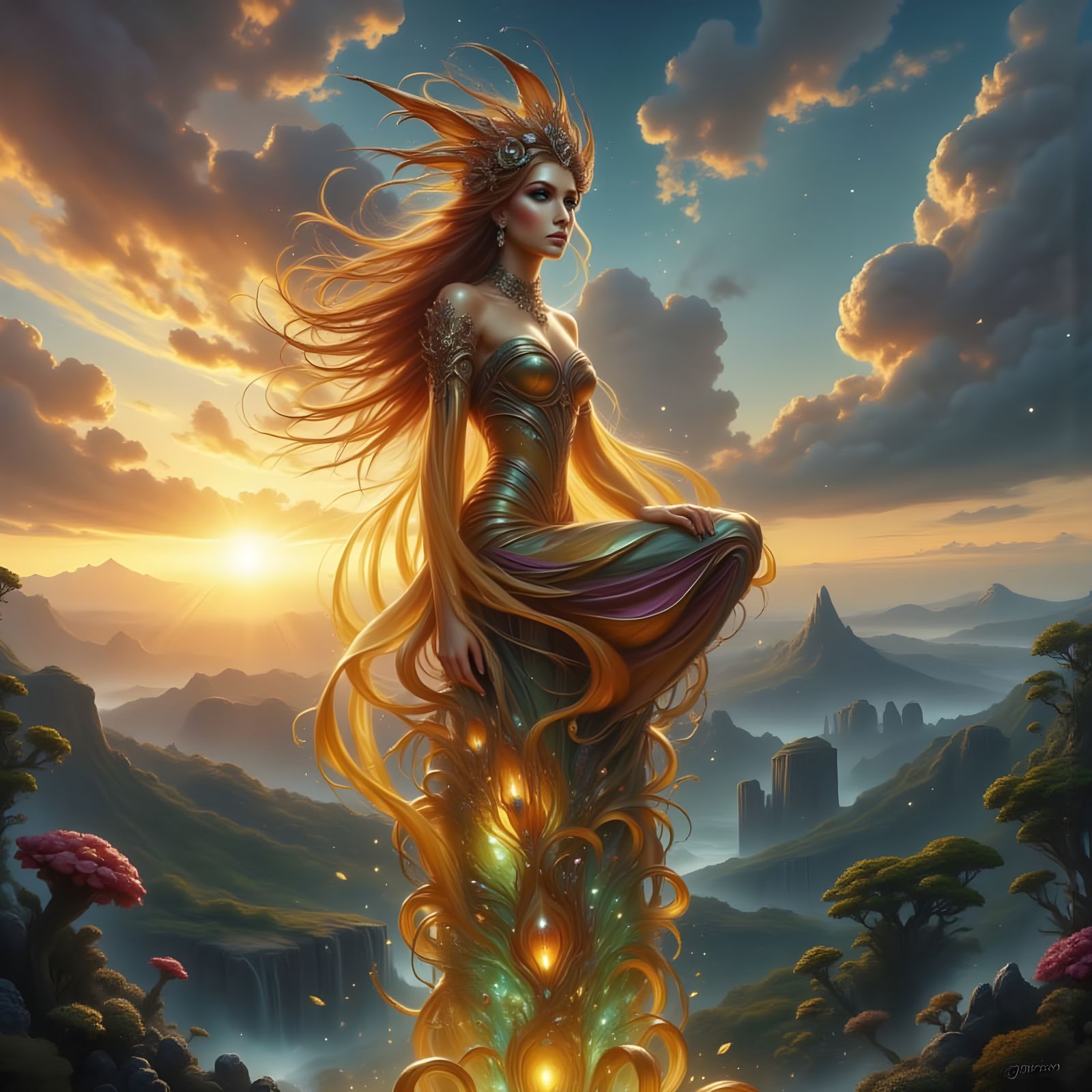 Regal Elven Queen Surveys Her Kingdom from Crystal Tower