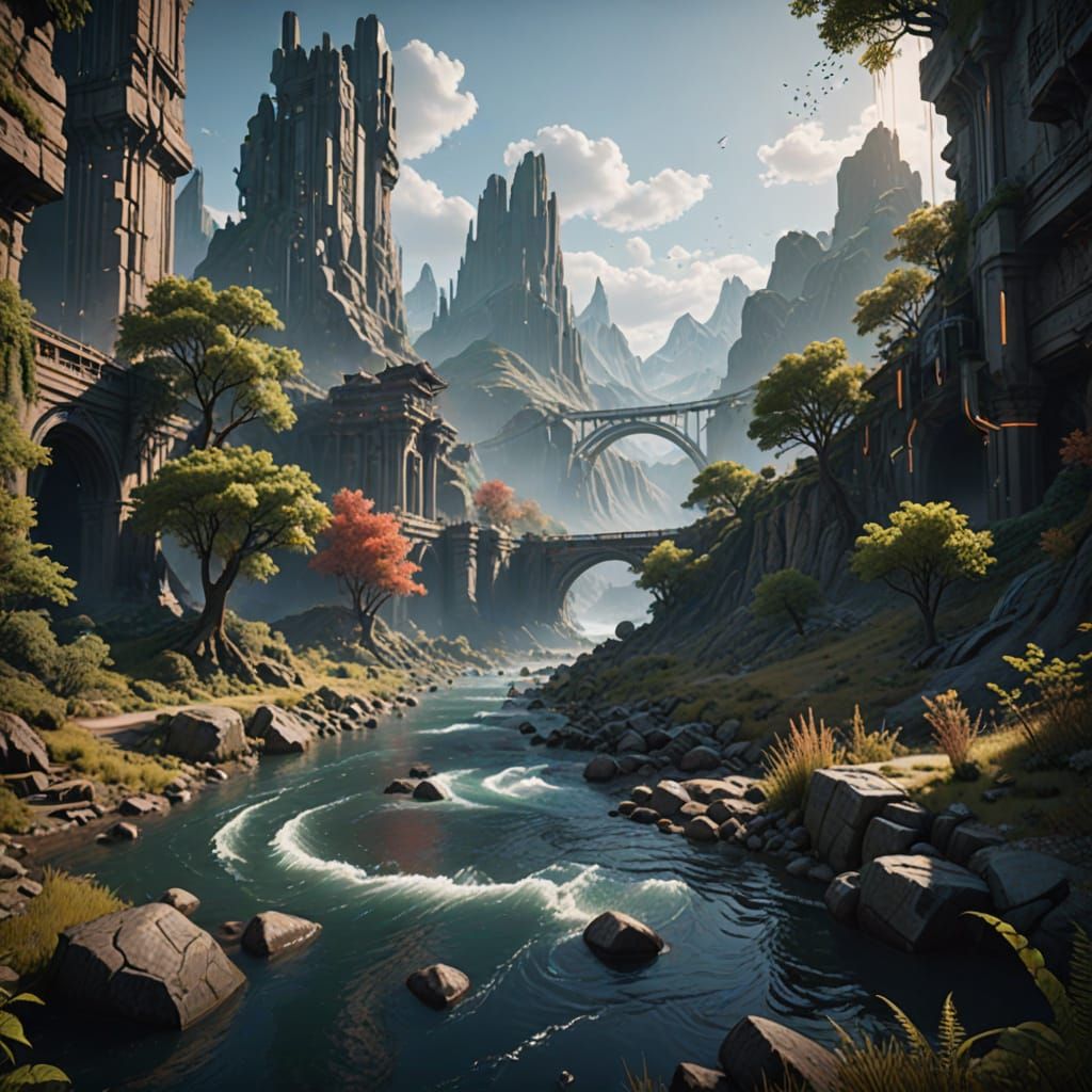 River of Data in Vibrant Fantasy Landscape