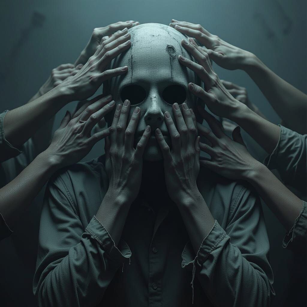 Dark Figure with Interlocking Hands in Biomechanical Style