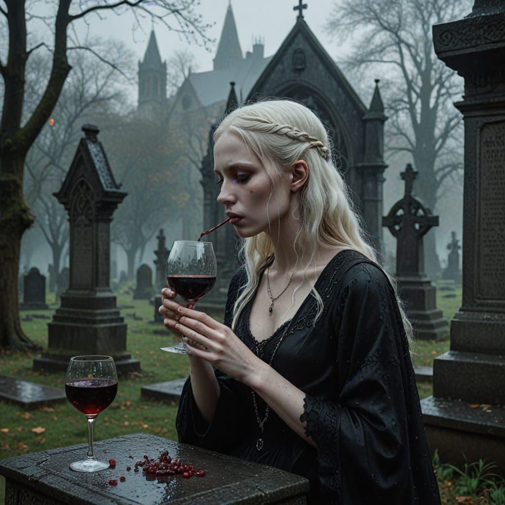 Gothic Albino Girl in Cemetery, Sipping Red Wine in Eerie At...