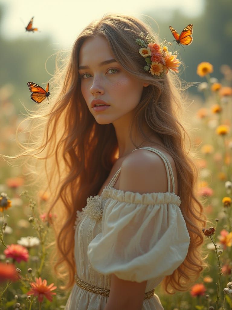 Radiant Woman with Flowers, Pre-Raphaelite Style