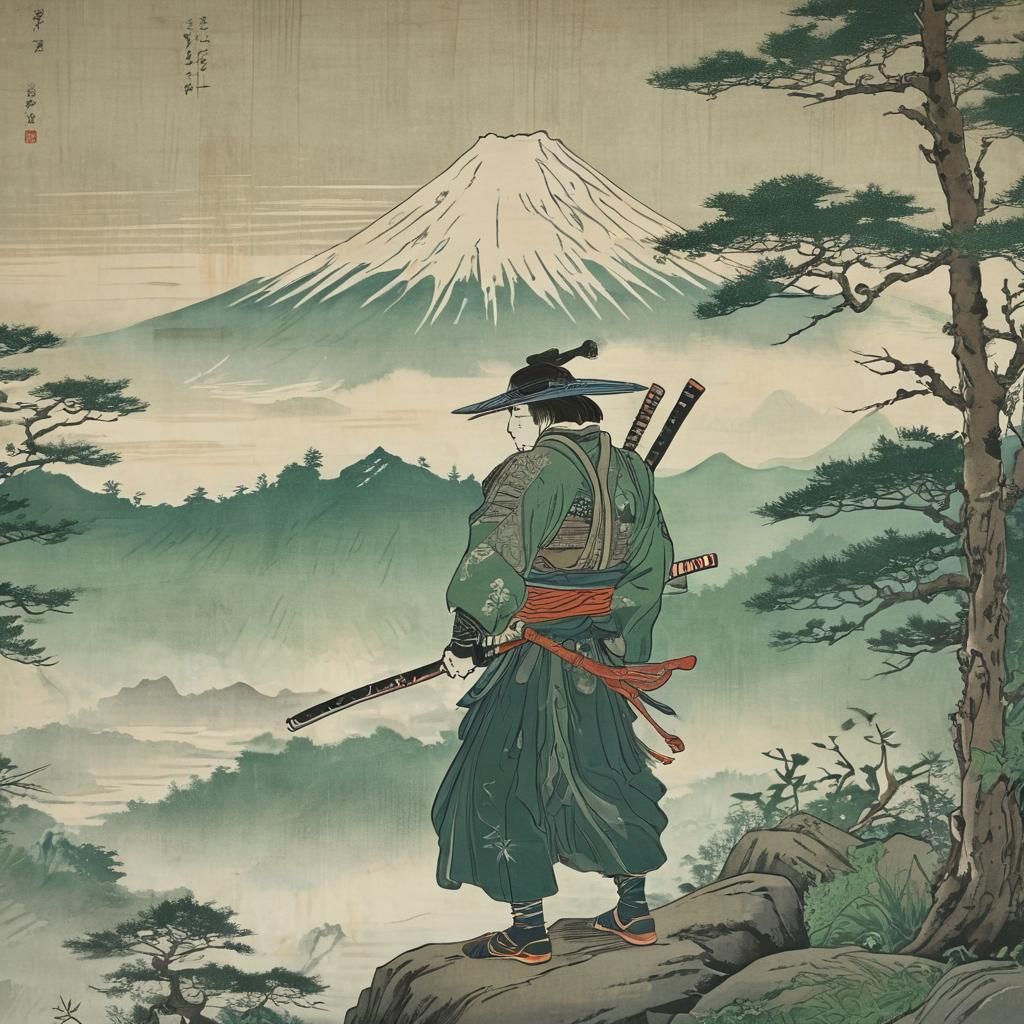 Samurai Warrior in Ukiyo-e Japanese Woodblock Style