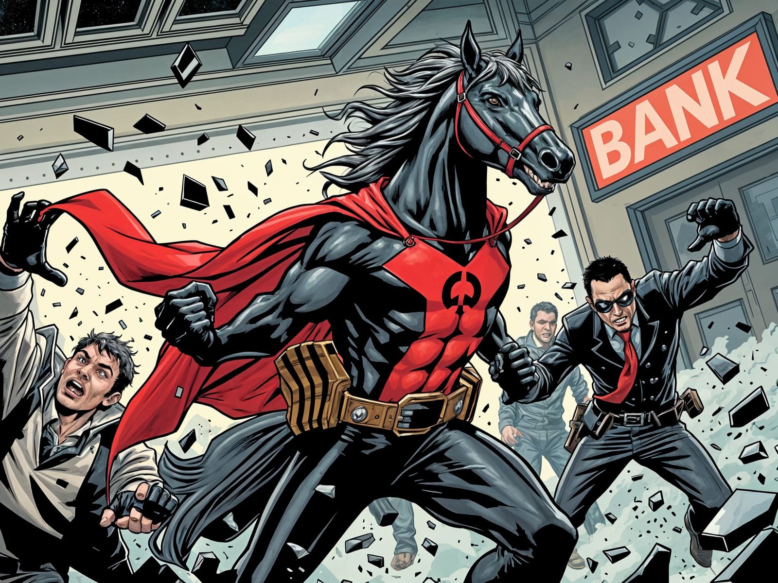 Cyberpunk Superhero Battles Robbers in Bank Heist