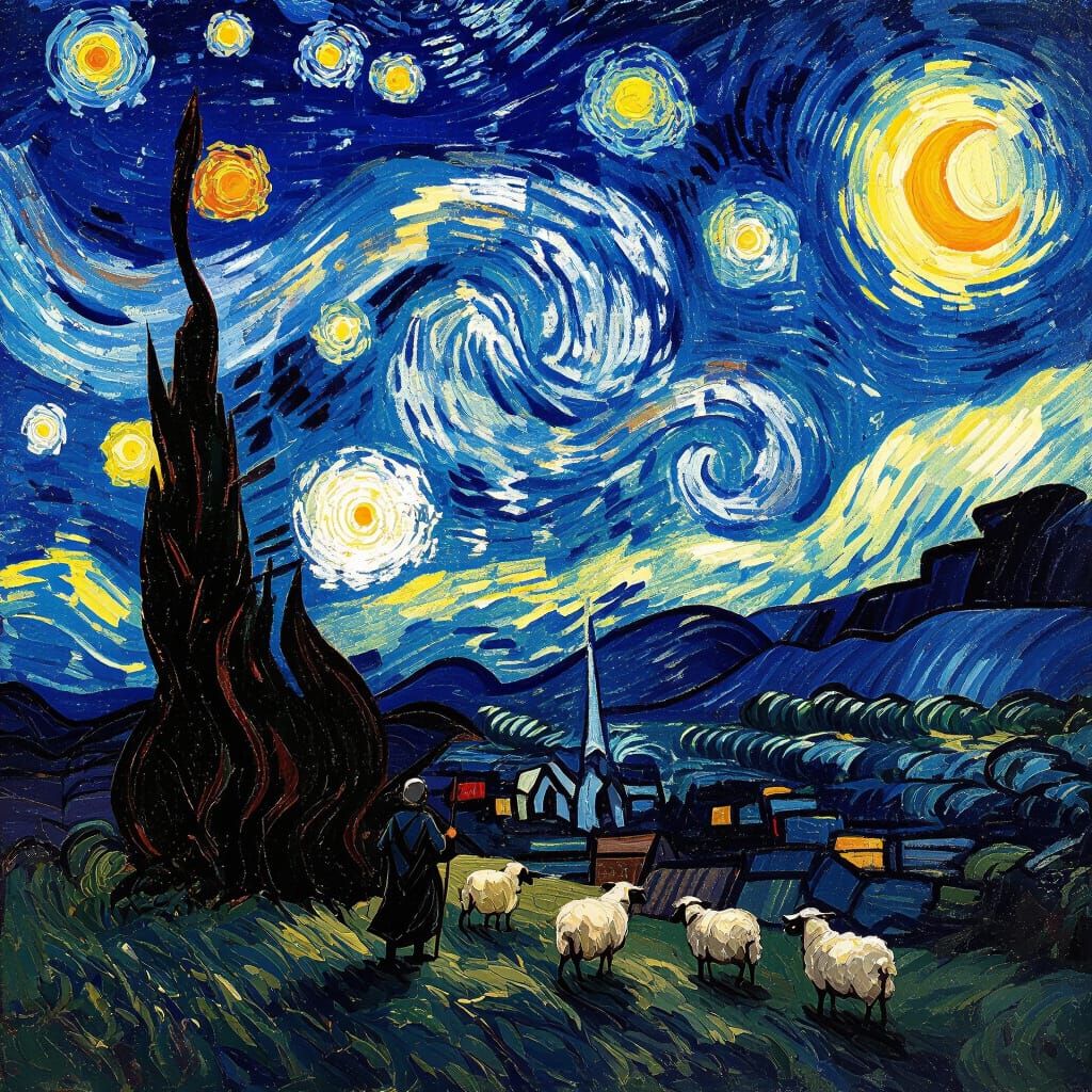 Starry Night Shepherd and Sheep in Van Gogh Style