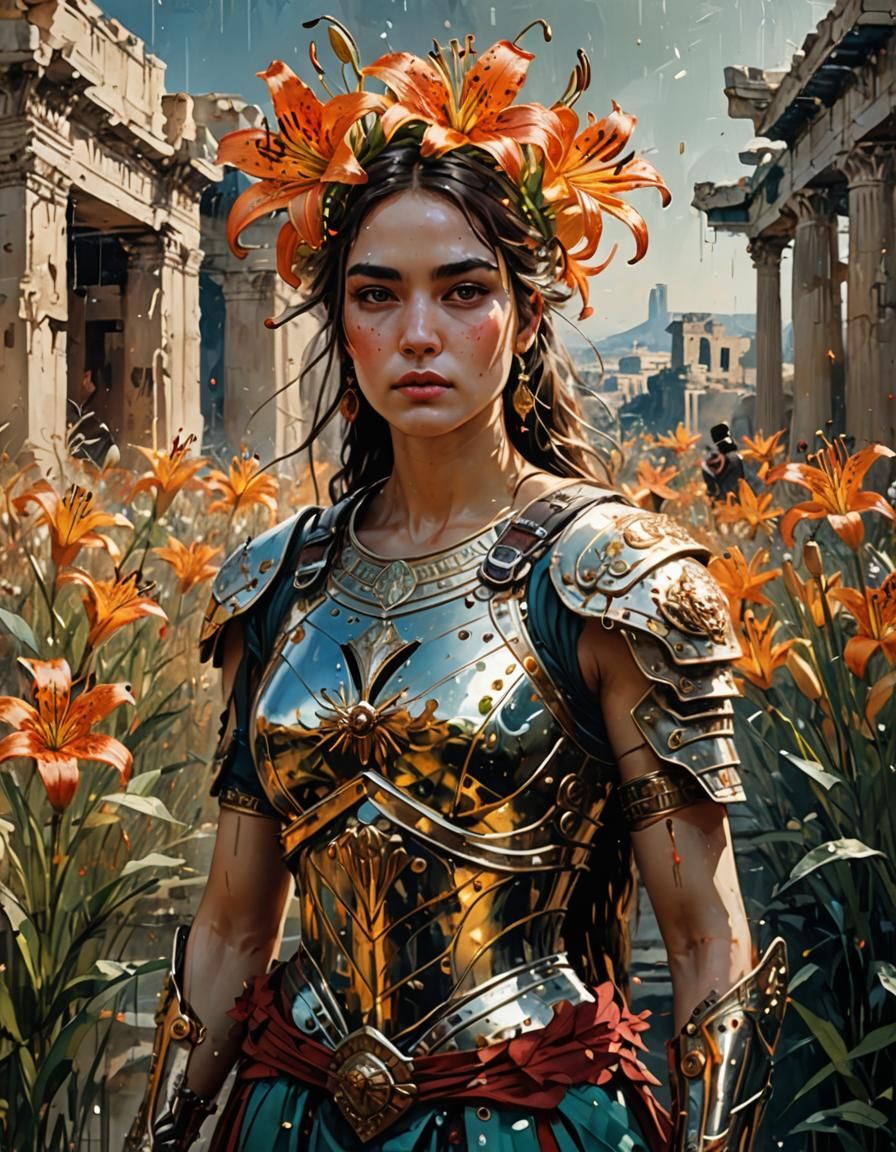 Goddess in Armor with Tiger Lilies, Oil Painting