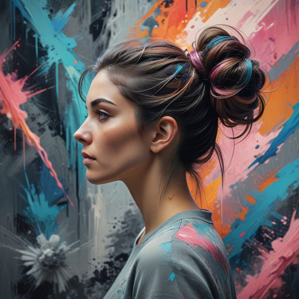 Impressionist Woman in Profile, against Vibrant Abstract Bac...