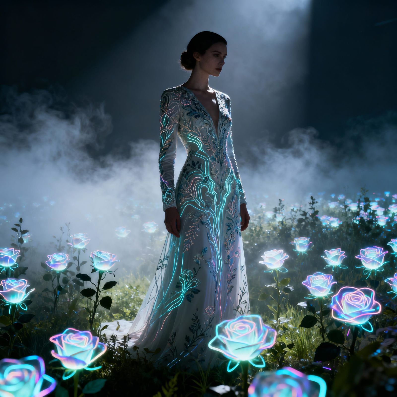 Elegant Woman in Radiant Rose Field, Futuristic Minimalism