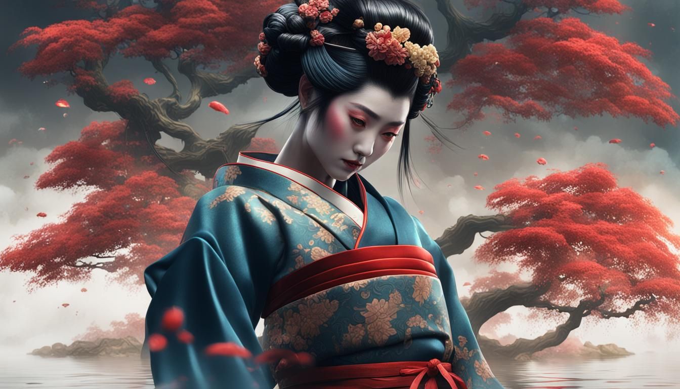 Geisha with Tattoo in Water: Fantasy Concept Art