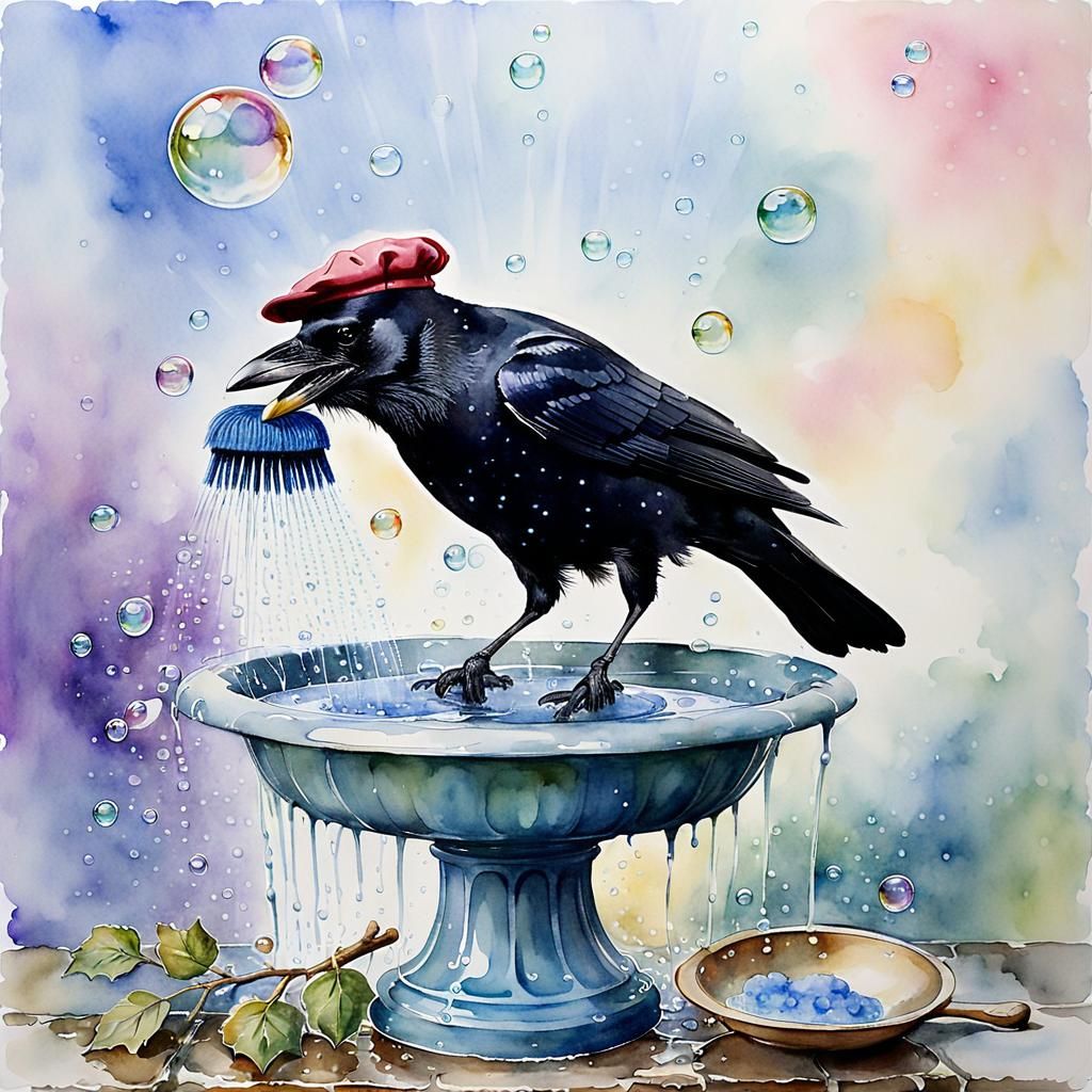 Crow Bathing in Storybook Watercolor Style
