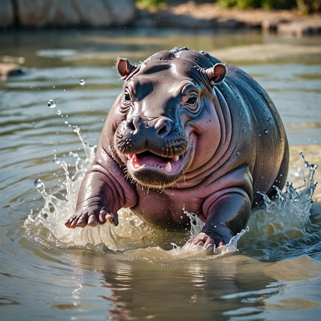 Cute Angry Baby Hippo in Anime Style