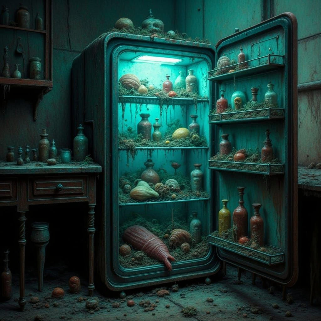 Abandoned Kitchen Horror Scene in Eerie Blue-Green Light