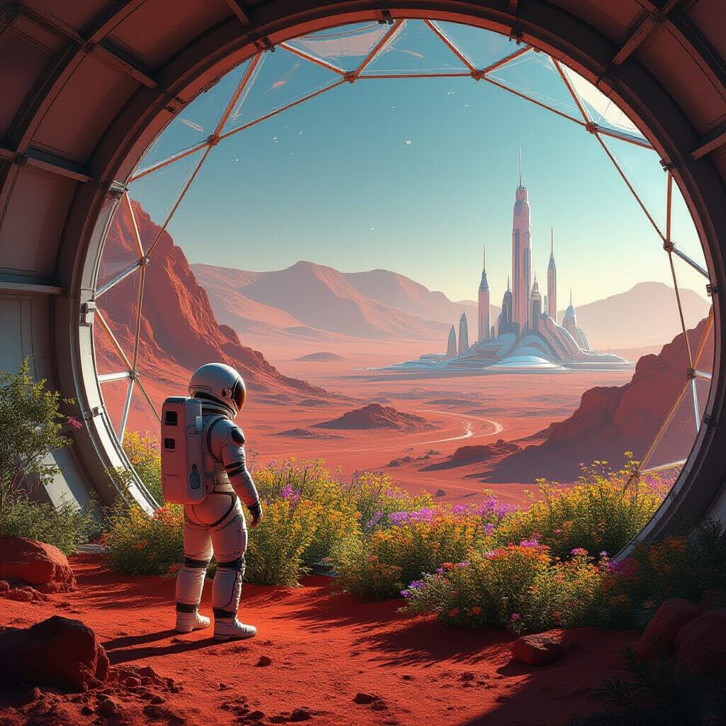 Astronaut Tends Glowing Martian Garden in Geodesic Dome