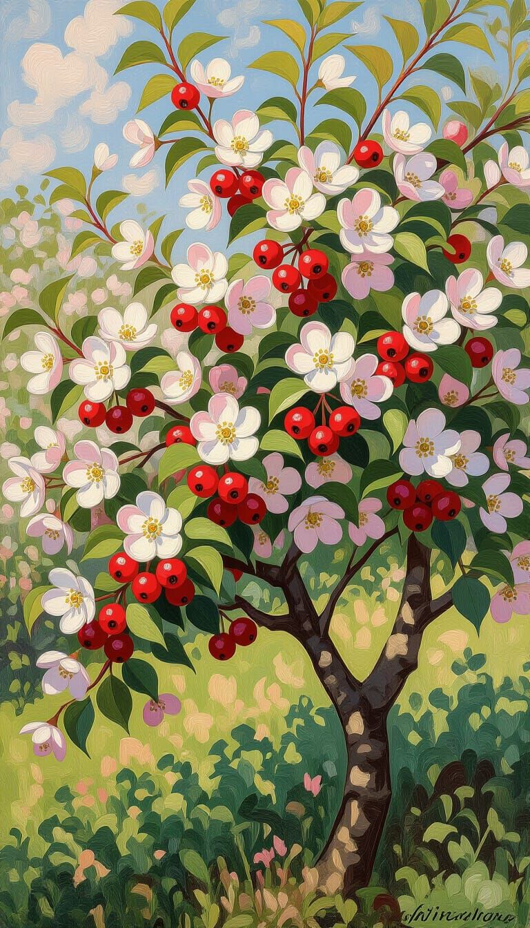 Impressionistic Hawthorn Tree in Full Bloom