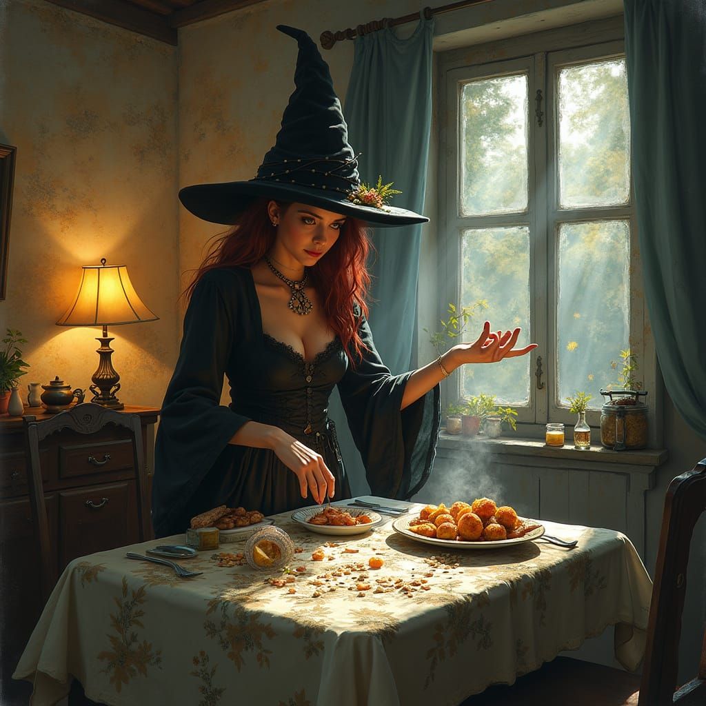 Witch Prepares Dinner With Magic Symbols Overlay
