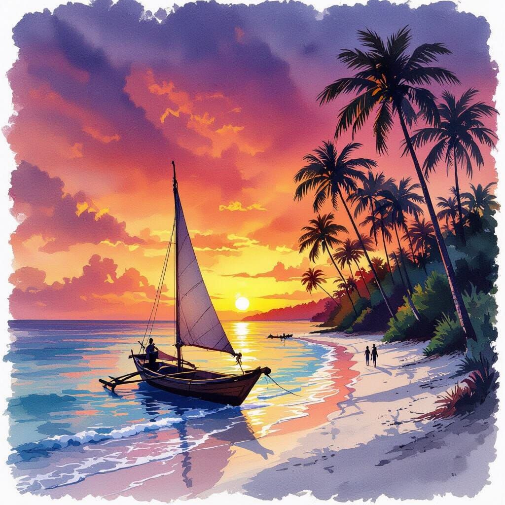Vibrant Sunset on Tropical Atoll as Watercolor
