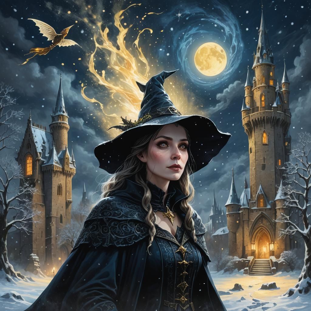 Witch hunt in an enchanted village with fairies and goblins flying over a gothic castle in winter