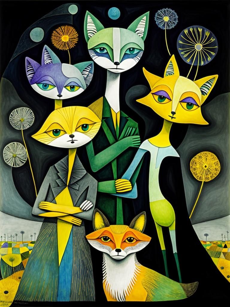 Fox Family in Dandelion Dreamscape, Surrealist Composition
