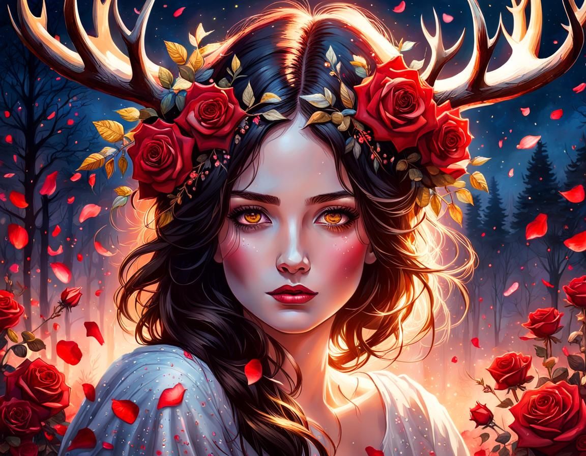 Girl with Antlers and Roses in Sunset