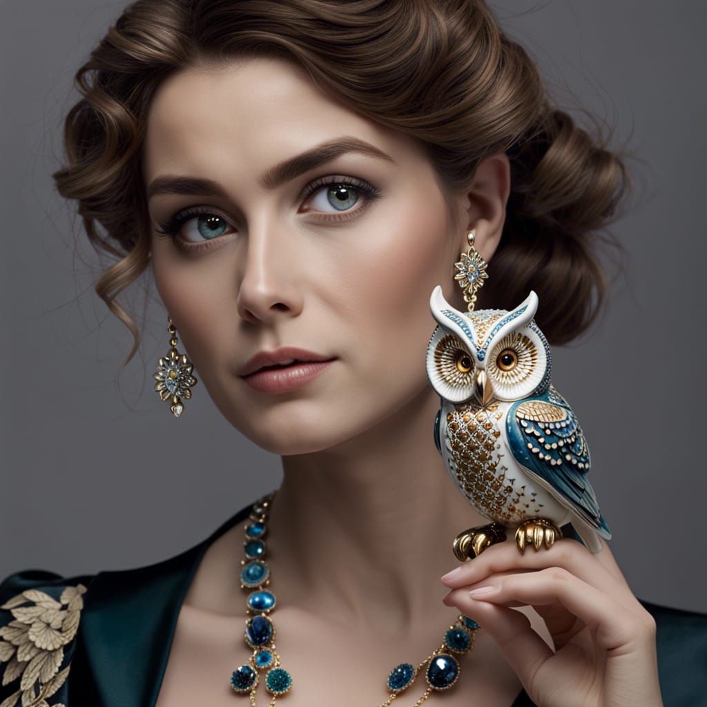 Porcelain Owl Adorned with Jewels in Still-Life Portrait