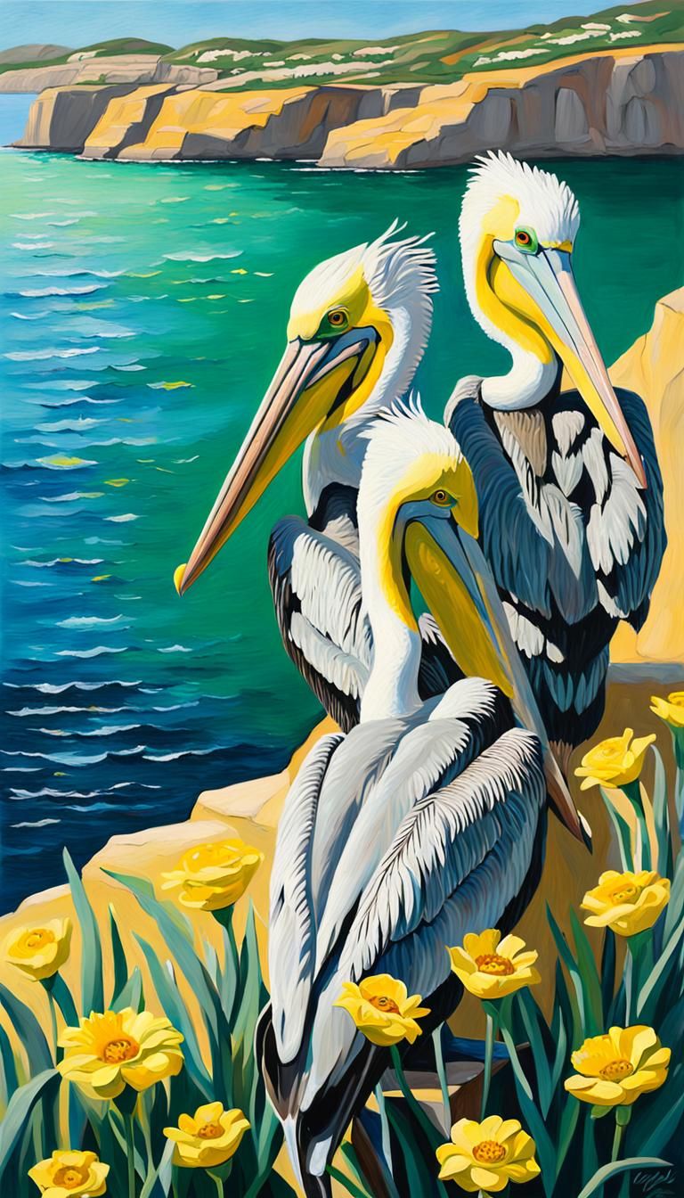 Pelicans Over La Jolla Cove: Cubist Metallic Oil Painting