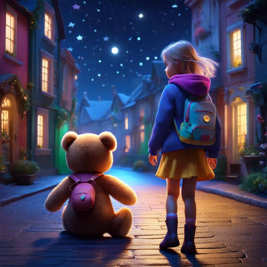 Girl and Magical Teddy Bear Walk at Night